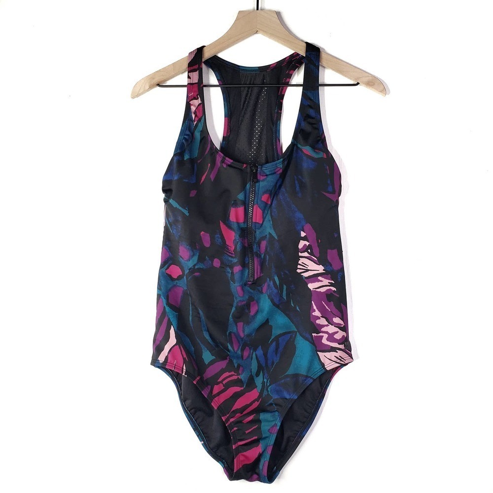 All In Motion Zip Front Racerback One Piece‎ Swimsuit M Black Print
